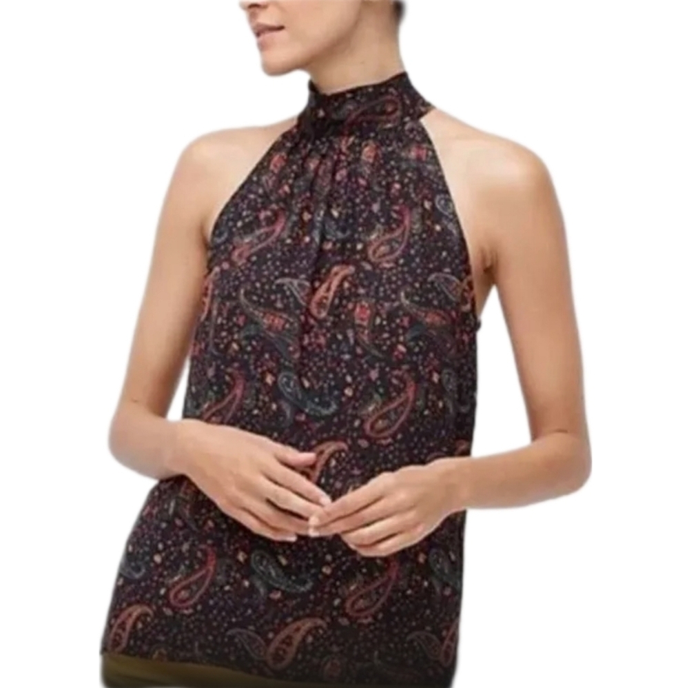 J Crew Factory Back Tie Neck Halter Neck Black Gold Foil & Red Paisley Size 2